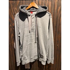 s.Oliver Mens Grey Distressed Graphic Henley Hoodie Pullover Sweatshirt L/XL